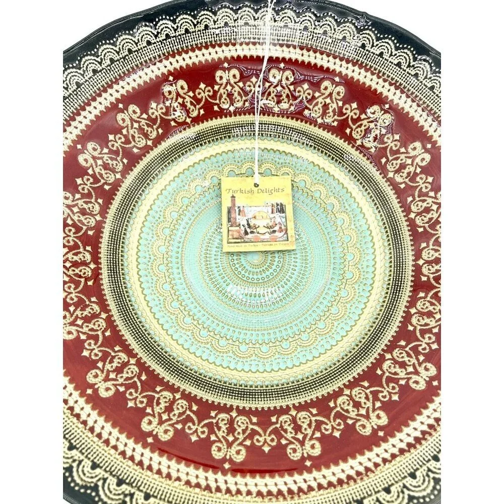 Turkish Delights Glass Bowl Serving Dinner Red Blue Gold Handmade 11.75” NWT